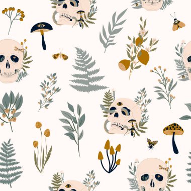 Bitkiler, bitkiler, mantarlar, böcekler ve kafatası ile mistik, pürüzsüz bir desen. Düzenlenebilir vektör illüstrasyonu.