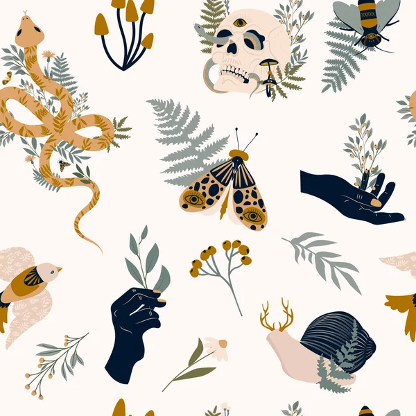 Mystiek Naadloos Patroon Met Schedel Slang Insect Mensenhand Planten Kruiden — Stockvector