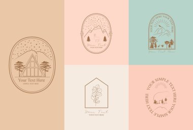 Collection of Modern, Outdoorsy, Earthy linear logos, symbols, icons design template with nature, tree, plant, animals, architecture elements. Editable vector logotype.