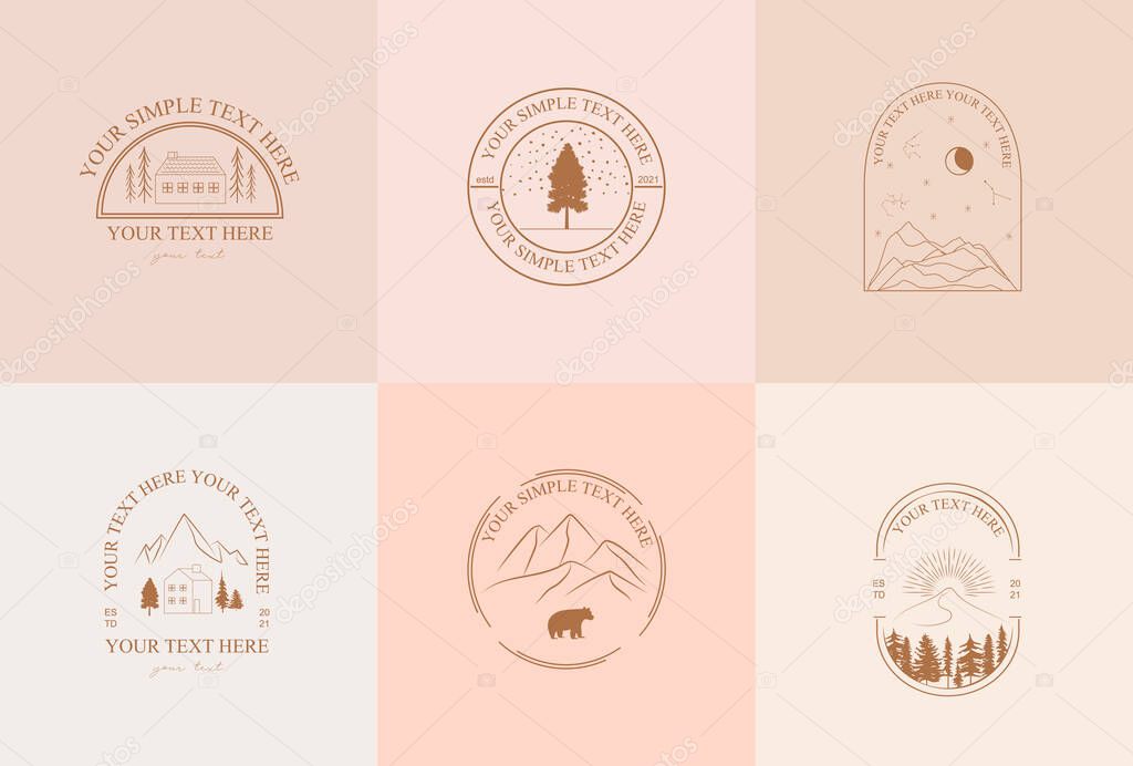 Collection of Modern, Outdoorsy, Earthy linear logos, symbols, icons design template with nature, tree, plant, animals, architecture elements. Editable vector logotype.