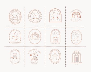 Şirin elementler, oyuncaklar, kıyafetler, hayvanlar, ay, güneş, yıldızlar, gökkuşağı içeren bebek logoti şablonu koleksiyonu. Bohem çocuk çizimi. Düzenlenebilir vektör illüstrasyonu.