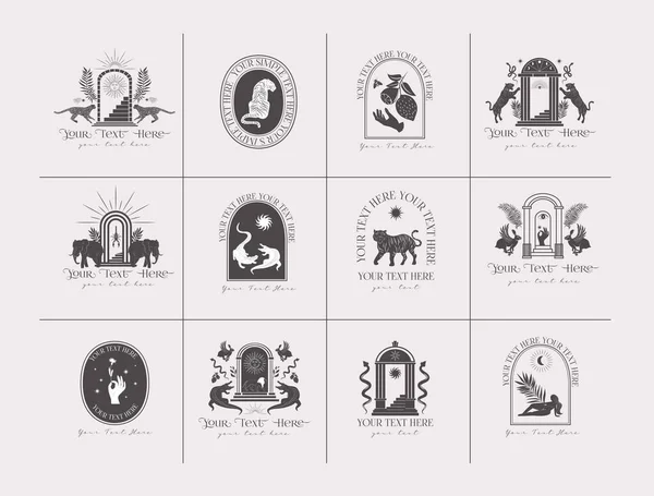 Sammlung Von Logotypen Mit Wilden Tieren Fabelwesen Pflanzen Und Astrologischen — Stockvektor