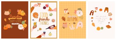 Davetiye seti - Cozy Autumn. Sonbahar tatili, mevsimlik yiyecekler, dekorasyon, kıyafet. Hygge stilinde hoş bir illüstrasyon. Düzenlenebilir Vektör İllüstrasyonu.