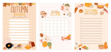 Haftalık ya da günlük planlamacı koleksiyonu, mevsimlik yiyecek şablonu, sonbahar bitkileri, kızlık zarı tarzında rahat şeyler. Düzenlenebilir vektör illüstrasyonu.