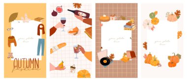 Sosyal medya için fotoğraf çekilecek bir dizi hikaye. Sonbahar aralığı, mevsimlik yiyecekler, dekor, kıyafet. Hygge stilinde hoş bir illüstrasyon. Düzenlenebilir Vektör İllüstrasyonu.