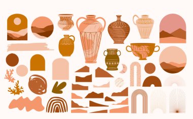 Modern Sanatlar Koleksiyonu soyut şekiller, manzara, çömlek. Estetik Modern Sanat, Boho Dekor, Minimalist Sanat. Düzenlenebilir Vektör illüzyonu.