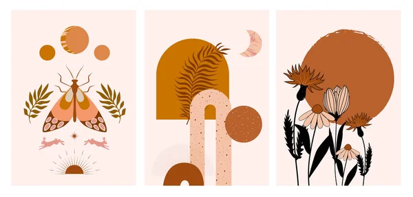 Collection Affiches Art Moderne Avec Forme Abstraite Animaux Plantes Esthétique — Image vectorielle