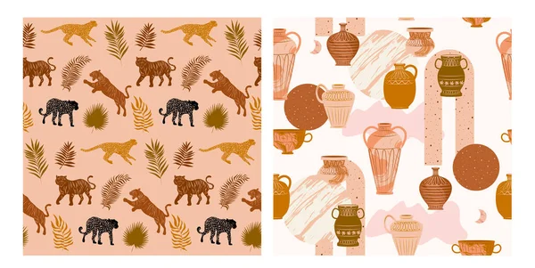Set Two Seamless Pattern Wild Animals Plants Abstract Shapes Ceramic — Stock Vector