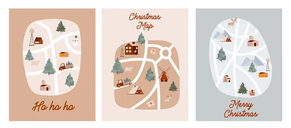 Colección Tarjetas Felicitación Vacaciones Con Mapas Navidad Con Casas Bosques — Archivo Imágenes Vectoriales