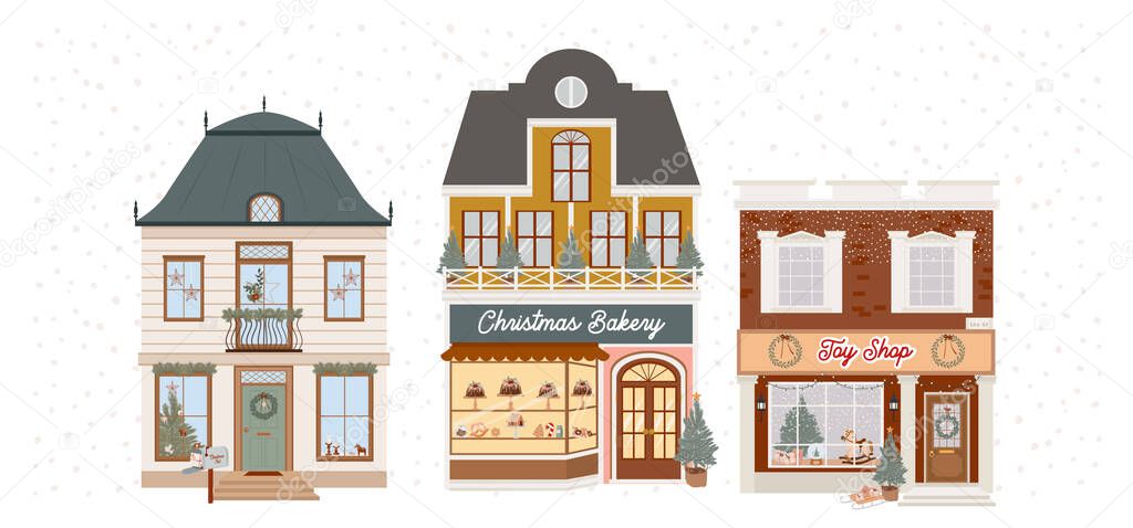 Collection of Christmas houses with store front and holidays decoration. Perfect for greeting cards, prints, posters. Editable Vector illustration.