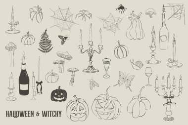 Halloween Vintage Line Art Set  Pumpkins, Candles, Spiders, Webs, Mushrooms, Moths. Editable vector illustration
