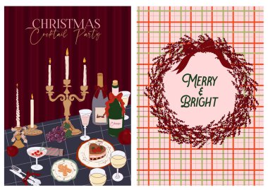 Tatil tebrik kartı koleksiyonu ya da davetiye. Noel, Yeni Yıl, Kış Tatilleri için mükemmel. Vintage Cozy Noel posterleri. Düzenlenebilir Vektör İllüstrasyonu.