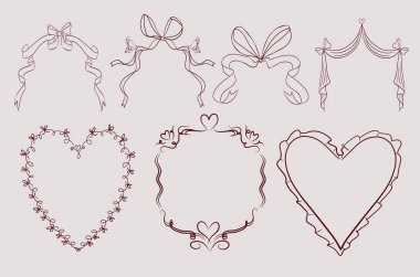 Romantik el çizimi koleksiyonu. Sevgililer Günü dekorasyonu. Aşk kartı çerçeveleri. Düzenlenebilir vektör