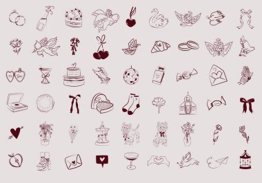 Sevimli Tatlı Aşk ikonları koleksiyonu. Sevgililer Günü sanat klibi. Romantik çizimler. Düzenlenebilir Vektör