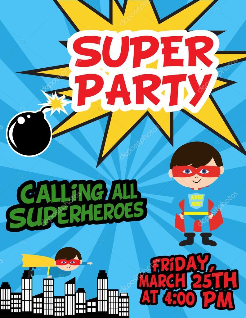 Super herói cartão de convite de aniversário Vetor de ©MioBuono12 88393882, image size:793x1024