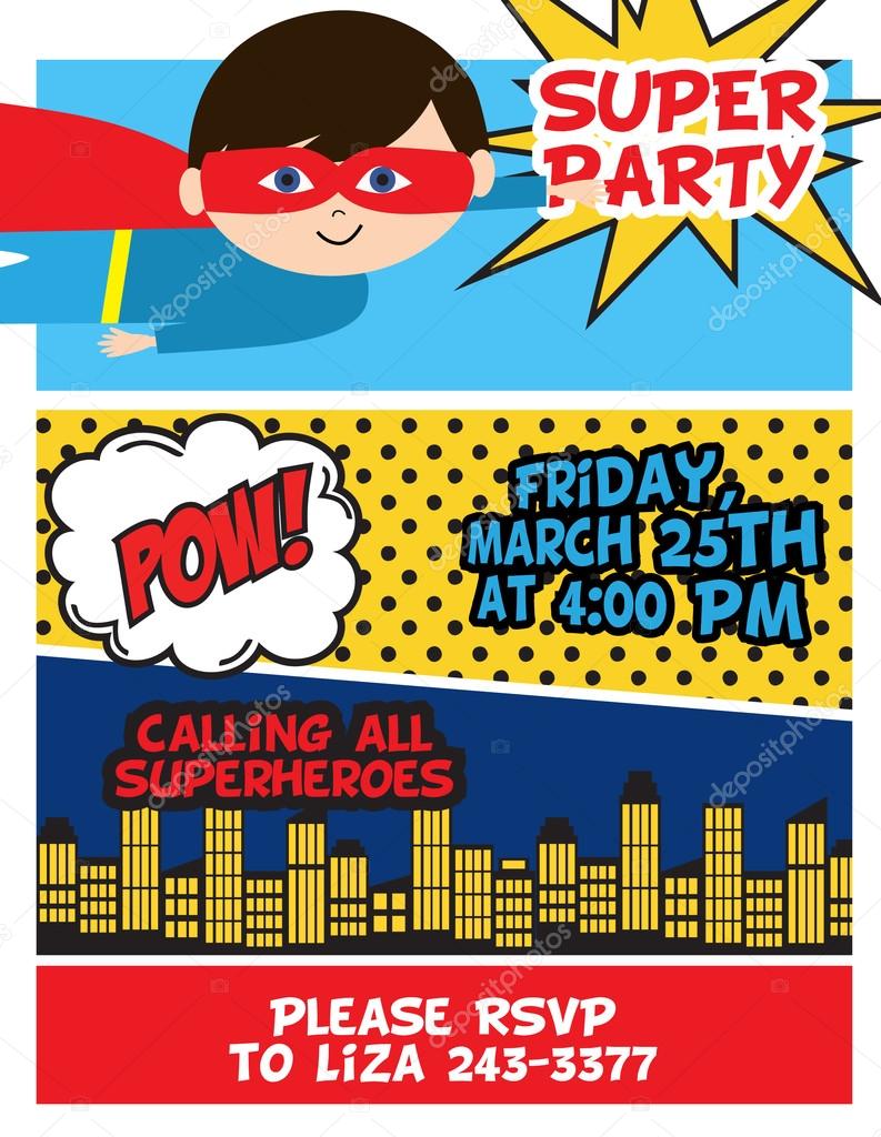 Super hero birthday invitation card