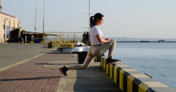 Girl crouches lunges on the dock, in the background the sea and ships. sexy ass — Stok video