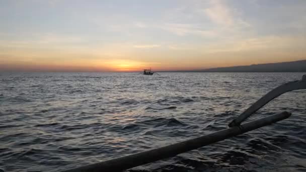 Delfín mirando al amanecer. Levantamiento del sol sobre los barcos turísticos, Lovina, Bali, Indonesia — Vídeos de Stock