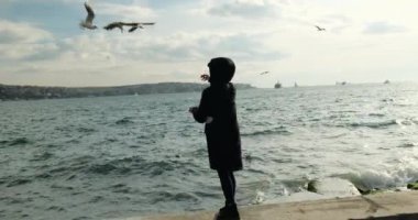 İskeledeki kadın geminin arka planındaki martıları besliyor, İstanbul.