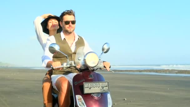 Couple Ride Scooter Motorcycle, Man Woman Over Sunset Ocean Beach Travel — Stock Video