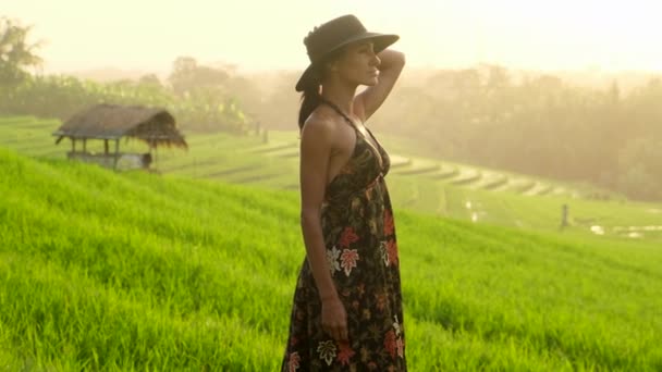 O tânără însărcinată în rochie neagră cu vedere la terasele de orez din Bali dimineața — Videoclip de stoc