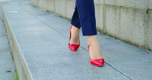 Belles jambes féminines en chaussures rouges marchent autour de la ville. Femme d'affaires — Video