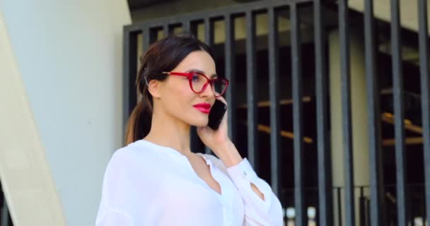 Szexi lány vörös rúzzsal és szemüveggel az utcán. Könyvelő, titkár — Stock videók