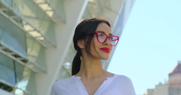 Woman with Red Lipstick near office Drinking Coffee Red Glasses White Shirt — Stock Video