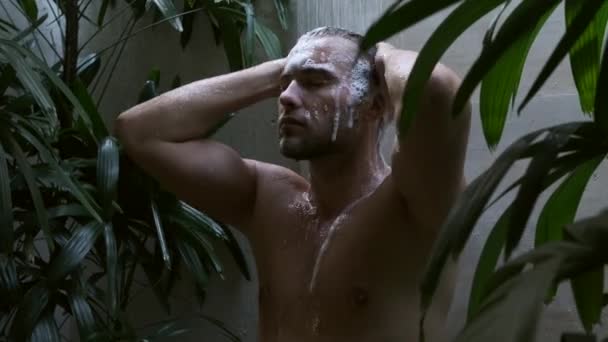 Knappe man met naakte romp neemt een douche in een tropisch huis — Stockvideo