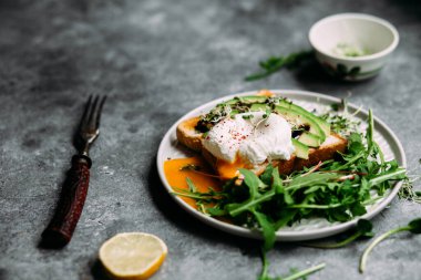 Poached egg with avocado salad, microgreen and arugula