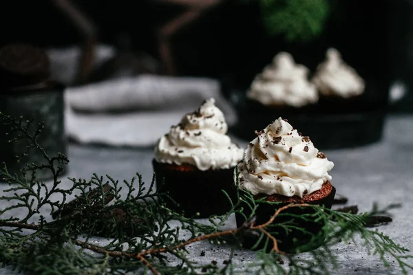 Muffins Chocolat Avec Crème Sur Fond Gris — Photo