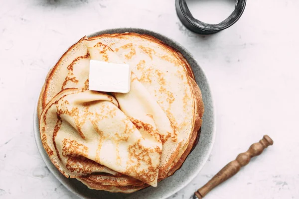 Thin Pancakes Butter Plate Maslenitsa Holiday — Stock Photo, Image