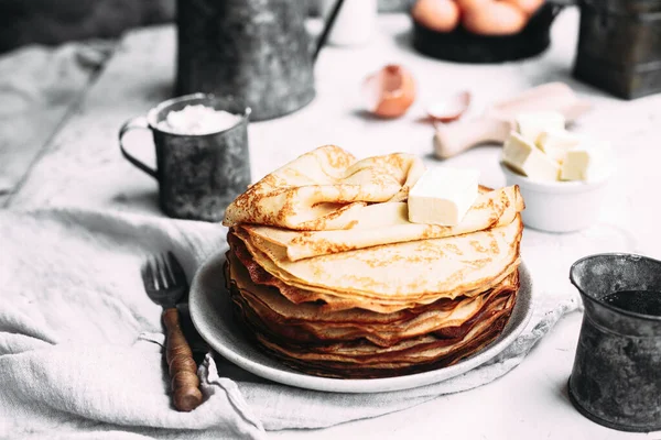 Thin Pancakes Butter Plate Maslenitsa Holiday — Stock Photo, Image
