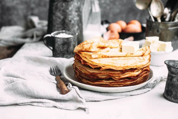 Thin Pancakes Butter Plate Maslenitsa Holiday — Stock Photo, Image