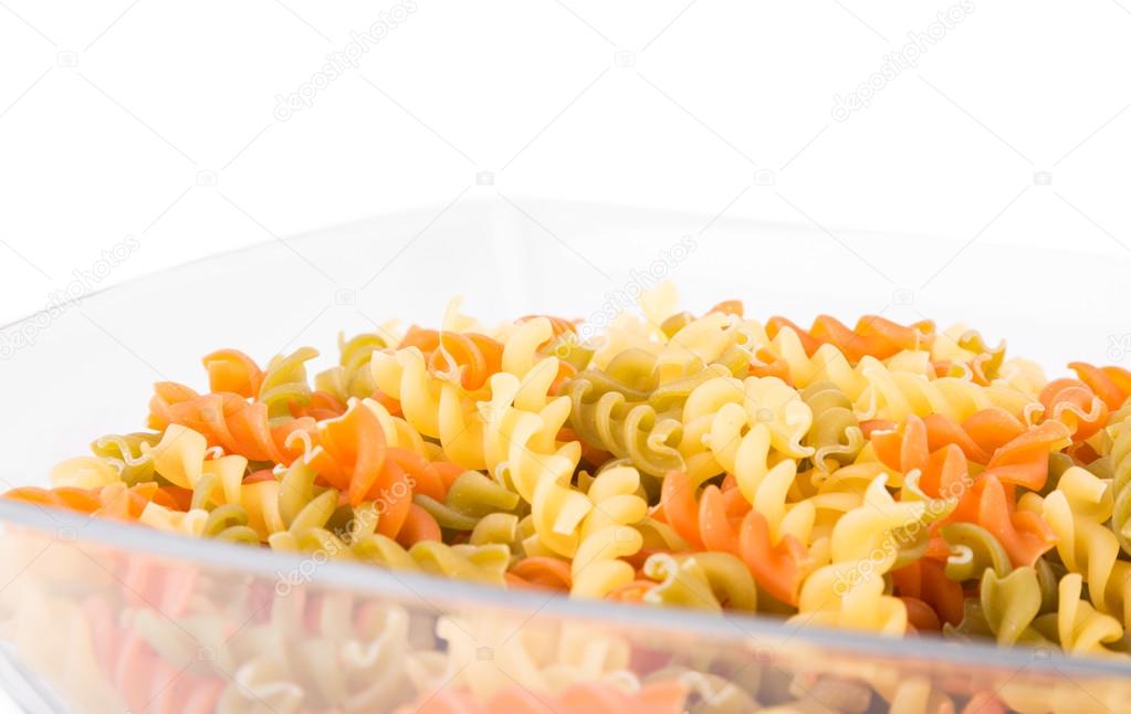 Raw fusilli pasta - three colors