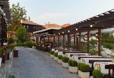 Viiew bir restoran deniz kenarı, Nesebar, Bulgaristan
