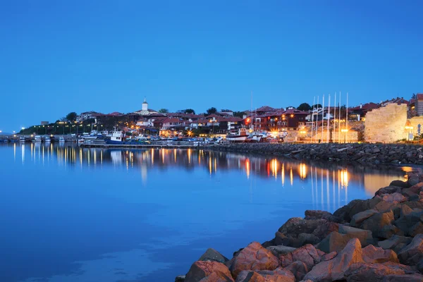 The harbor of the old town of Nessebar at night, Bulgaria — Stock Photo, Image