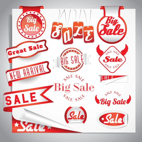 Abstract verkoop items (gedetailleerde en schaduwrijke) met winkelwagentjes en shopping tassen en verkoop etiketten — Stockvector