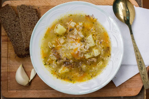 皿の上の野菜入り自家製魚のスープ — ストック写真