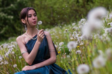 Bir karahindiba üzerinde üfleme elbiseli kız