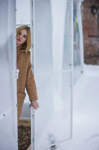 A menina no casaco na estufa — Fotografia de Stock