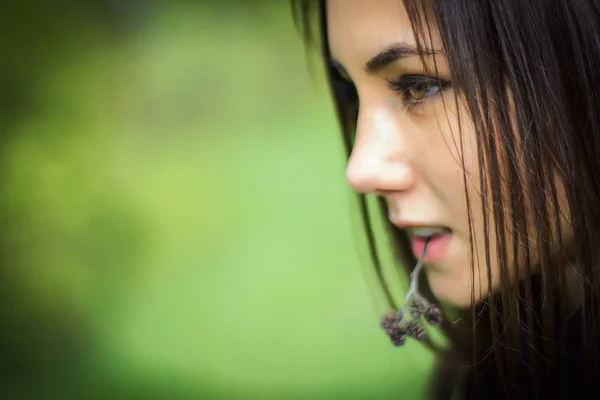 Un hermoso retrato de una linda chica en el bosque — Foto de Stock