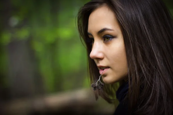 Portrét roztomilá dívka v lese — Stock fotografie