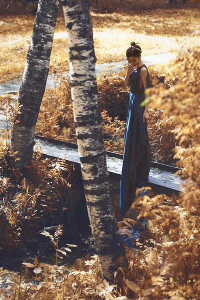 A menina na ponte na floresta — Fotografia de Stock