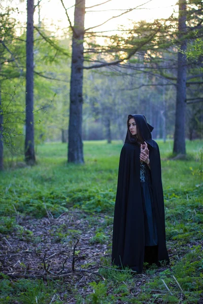 La ragazza con il mantello nero nella foresta — Foto Stock