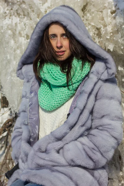 Retrato de inverno de uma menina em um casaco de pele — Fotografia de Stock