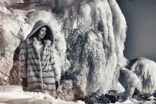 Téli portré egy lány, egy bundát — Stock Fotó
