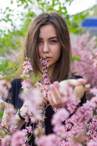 Portrait of young beautiful girl in flowers — Stock Photo, Image