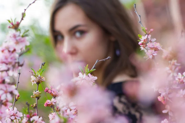 Portrait of young beautiful girl in flowers — Stock Photo, Image