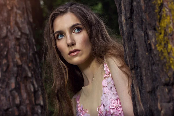 Portrait of a young girl in a pink dress as Alice in Wonderland — Stock Photo, Image